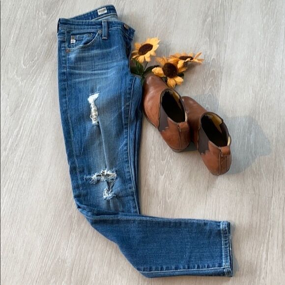 AG Stevie Ankle Slim Straight Distressed Jeans Stretch Medium Wash Blue 26 - Picture 3 of 13